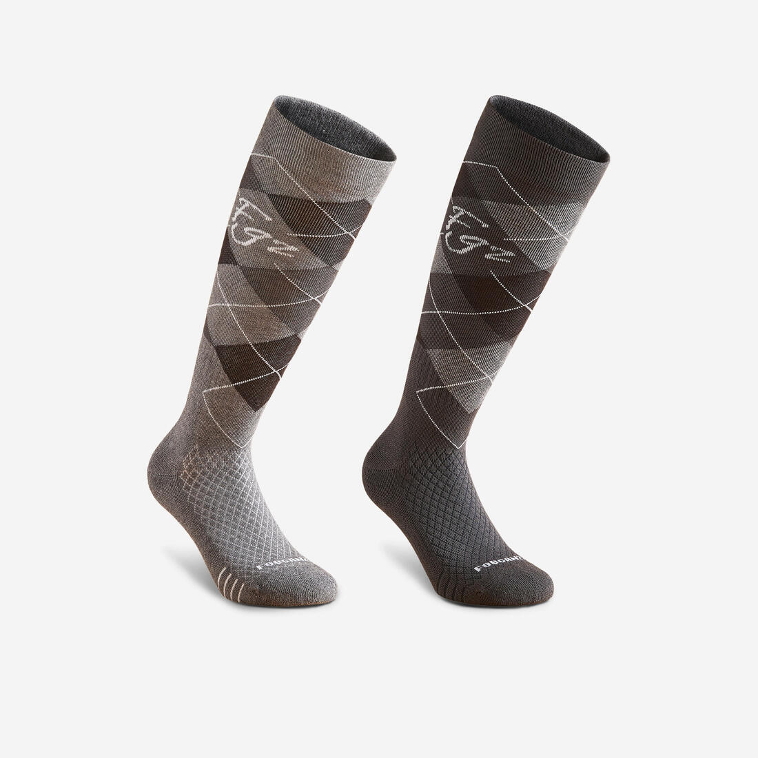 Chaussettes d'équitation 500 adulte losanges noir, gris et rose. lot de 2
