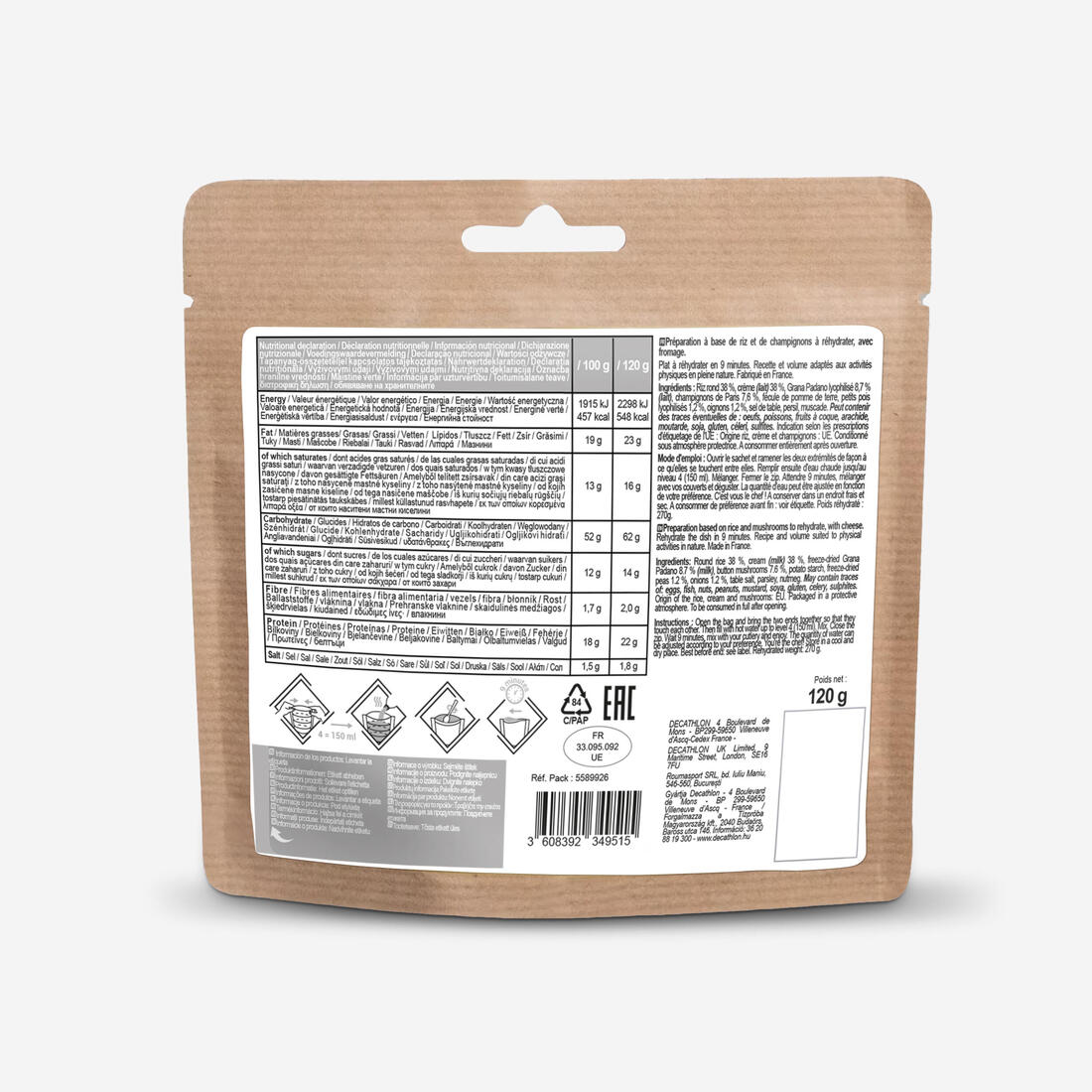 Repas lyophilisé végétarien, risotto aux champignons 120 g