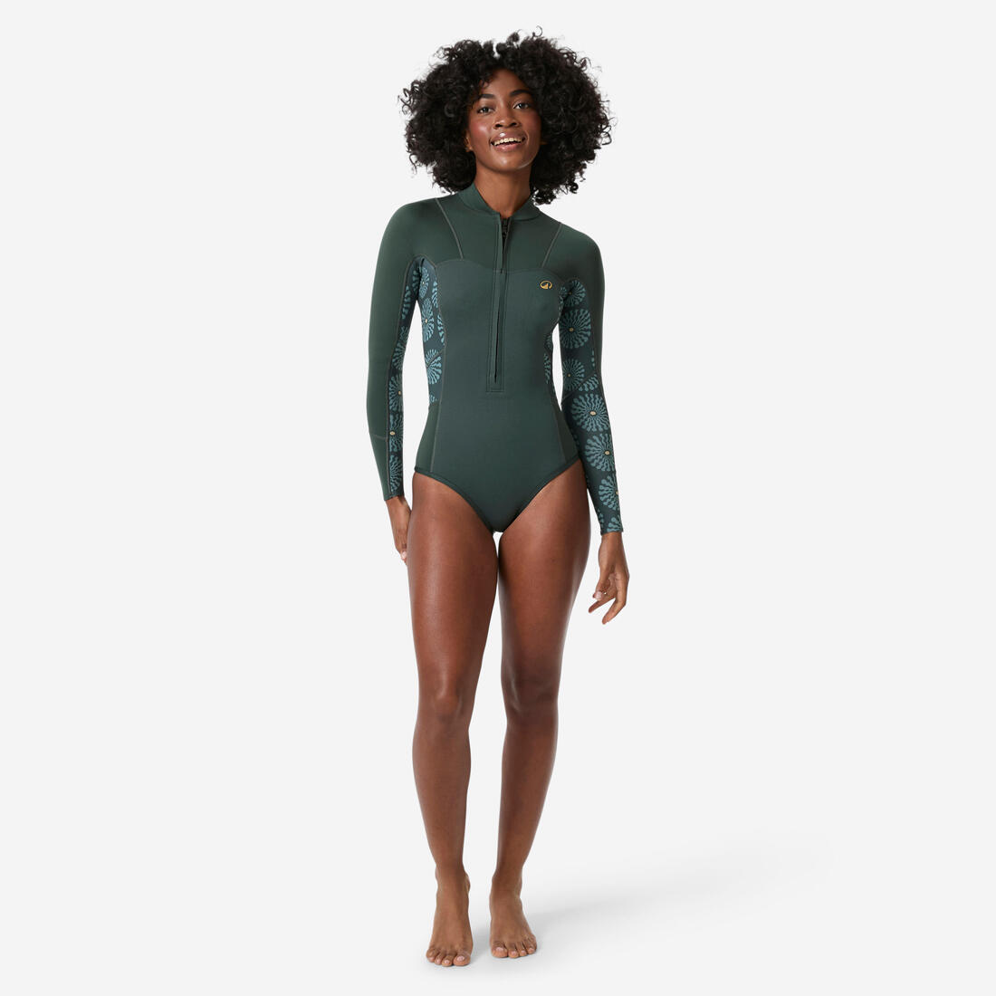 Shorty culotte surf front zip manches longues 1,5mm femme, 500 Green sunny vert