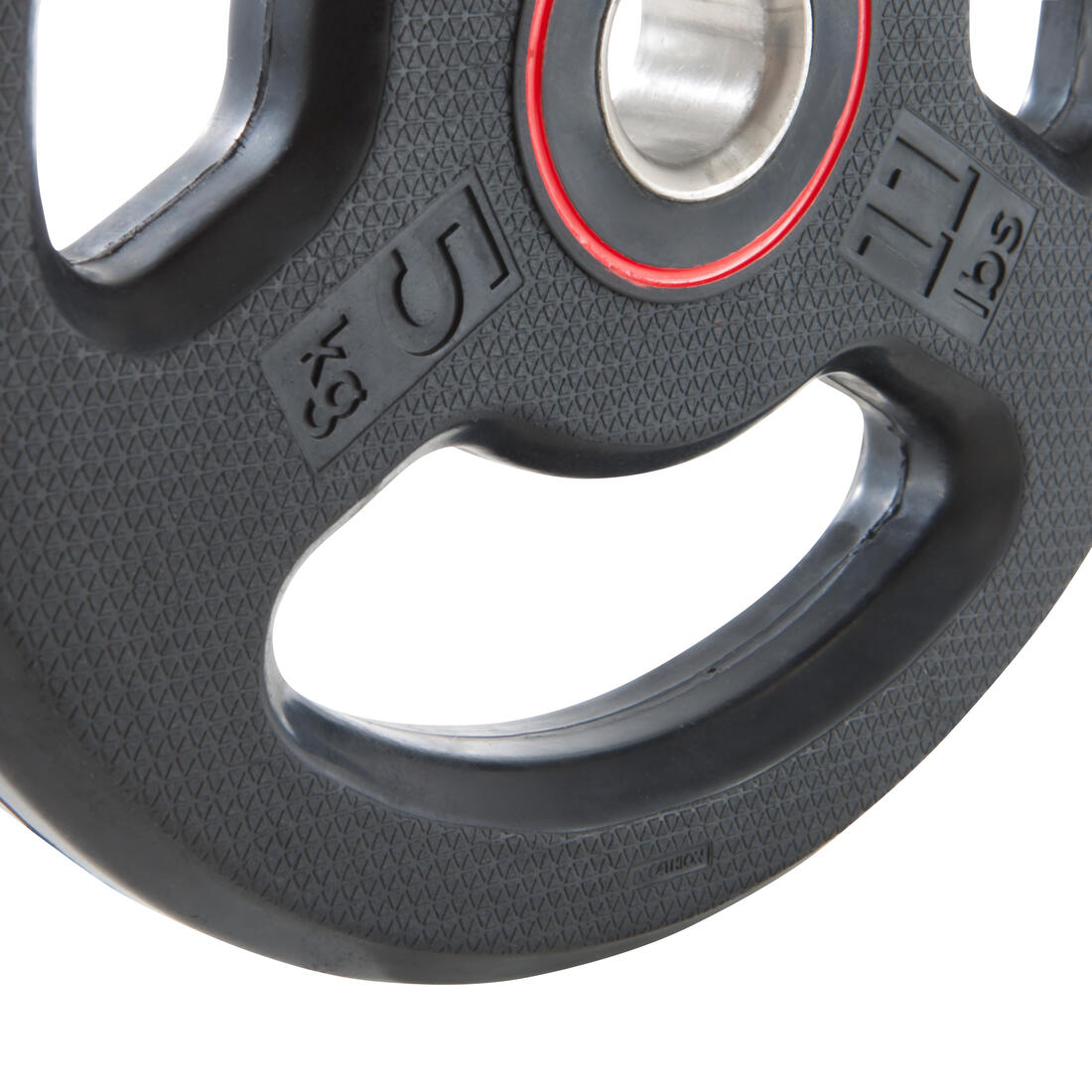 Disque musculation en caoutchouc 5kg 28mm avec poignées, fonte en partie recyclé