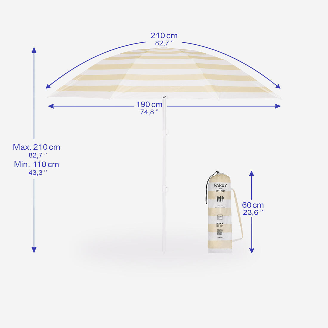 Parasol de plage compact 3 places UPF 50+ - Paruv 190