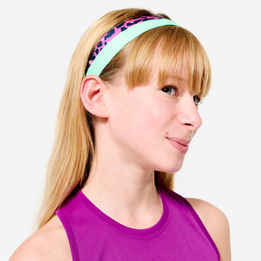 Lot de 2 bandeaux fins multisport fille, Vert et Imprimé léopard