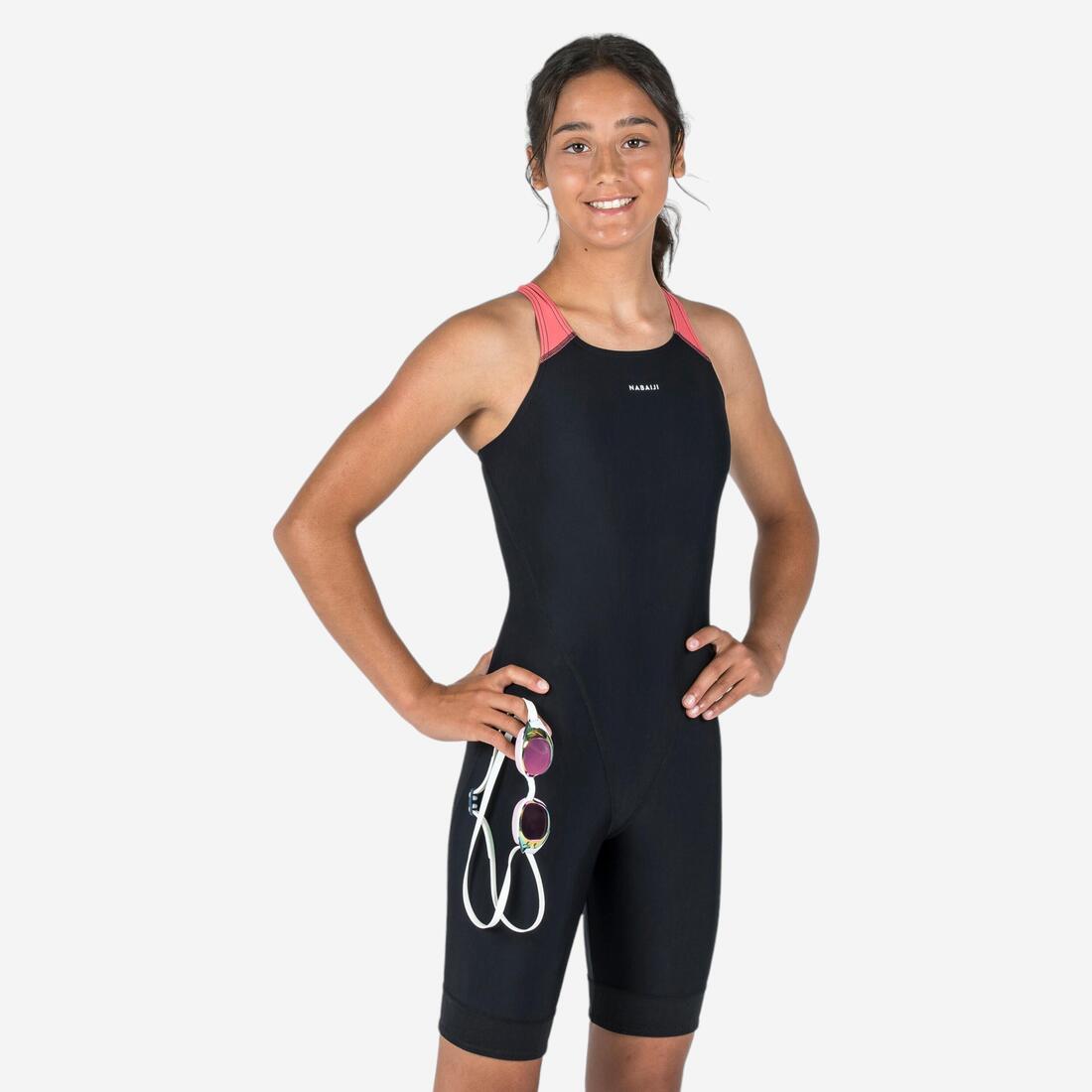 Maillot de bain de natation 1 pièce shorty Fille ado, Kamyleon noir