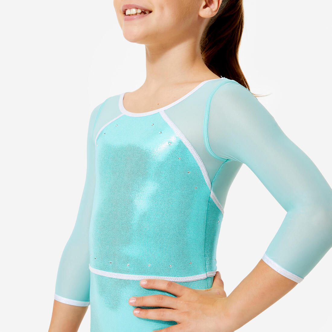 Justaucorps gym manches longues 3/4 Fille - turquoise brillant pailleté à strass