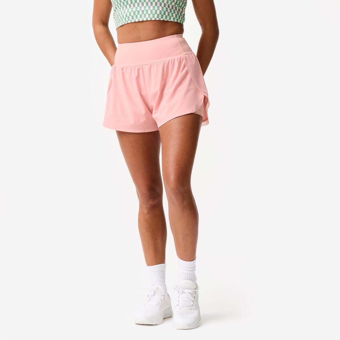 Short de sport double couche femme, gris foncé
