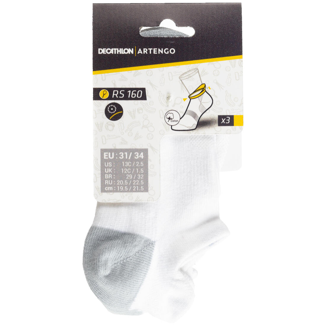 CHAUSSETTES TENNIS ENFANT BASSES ARTENGO RS 160 GRIS LOT DE 3