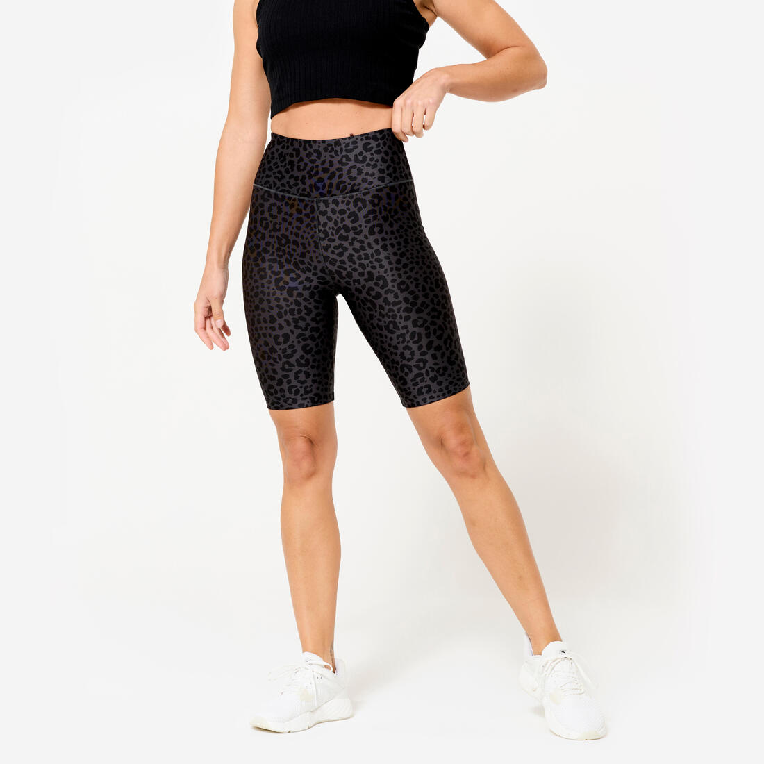 Cycliste de fitness extensible femme, gris foncé imprimé léopard