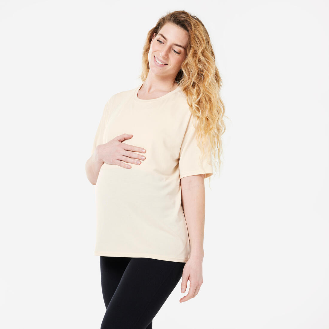Tee-shirt grossesse yoga allaitement manche courte beige