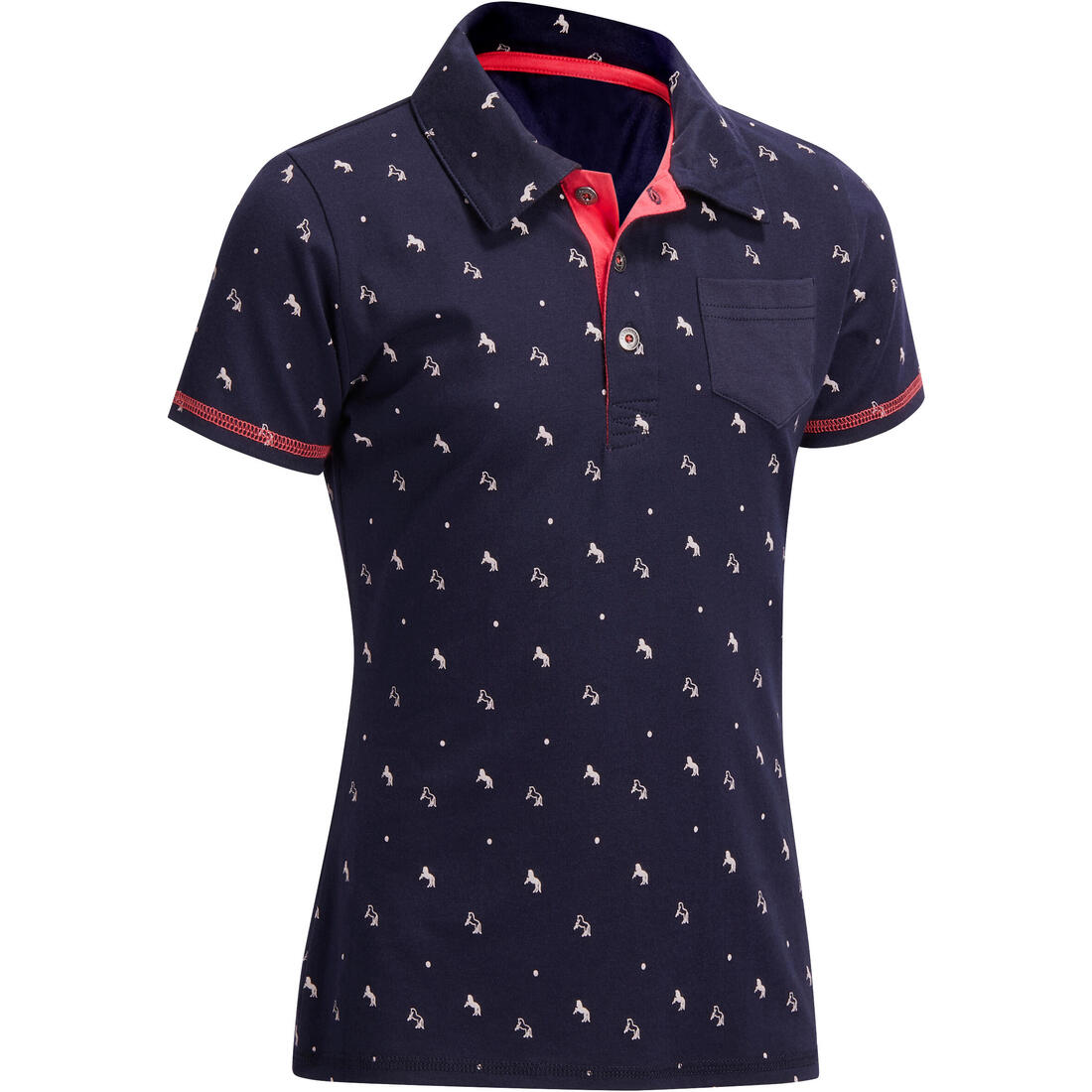 Polo manches courtes équitation fille 140 PONY bleu pétrole motifs turquoise