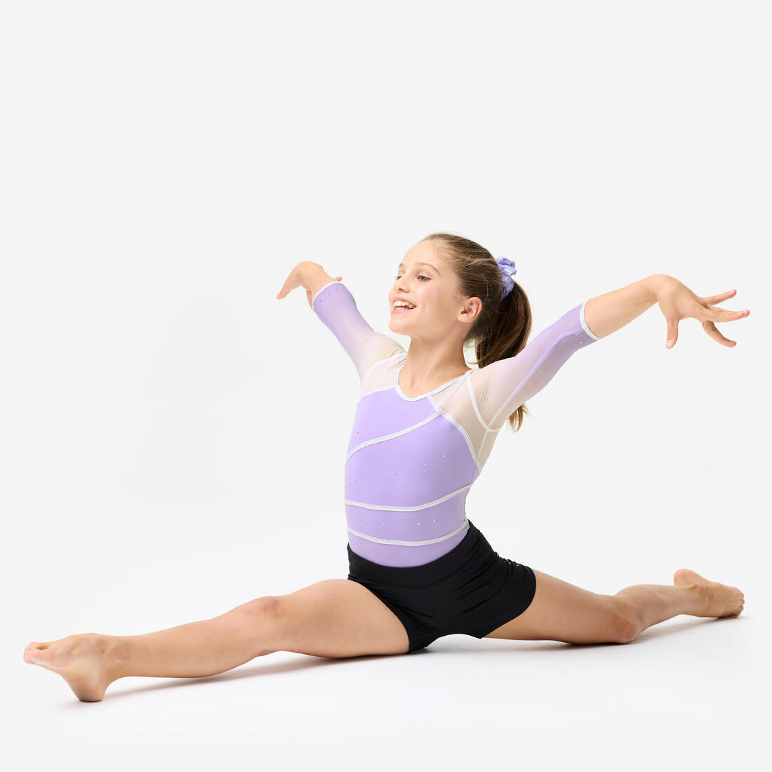 Justaucorps de gym fille manches 3/4, violet lavande pailleté à strass