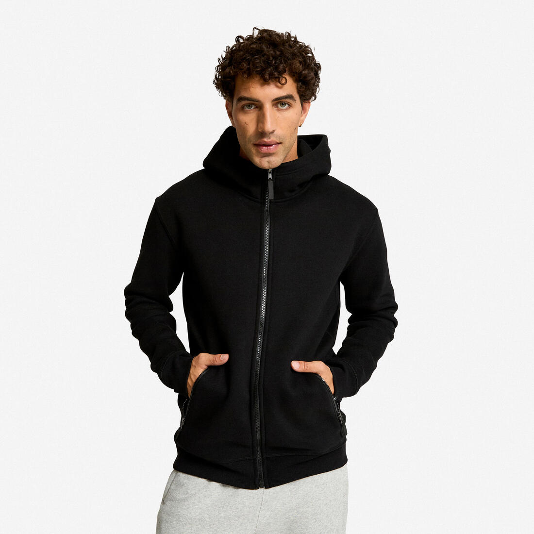 Sweat zippé avec capuche fitness homme,  vert foncé