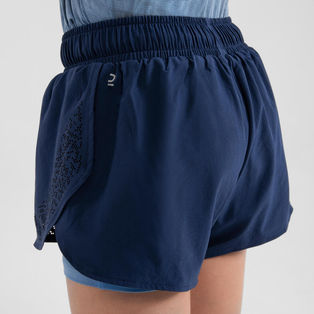 Short cuissard de running respirant Fille - KIPRUN DRY+ 2 en 1 marine et