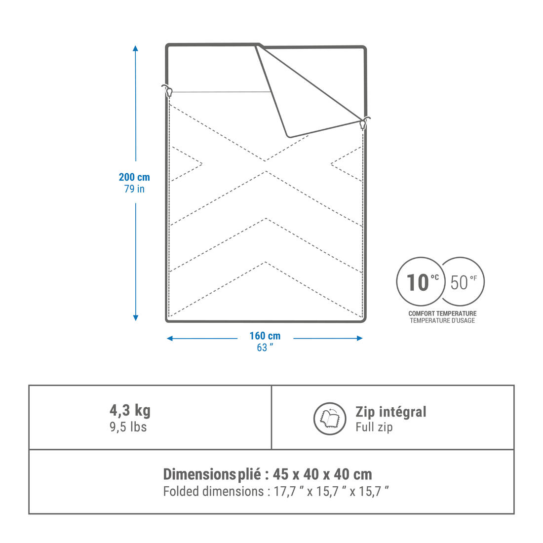 Sac de couchage de camping 10°C en coton, 2 personnes, Utim confort
