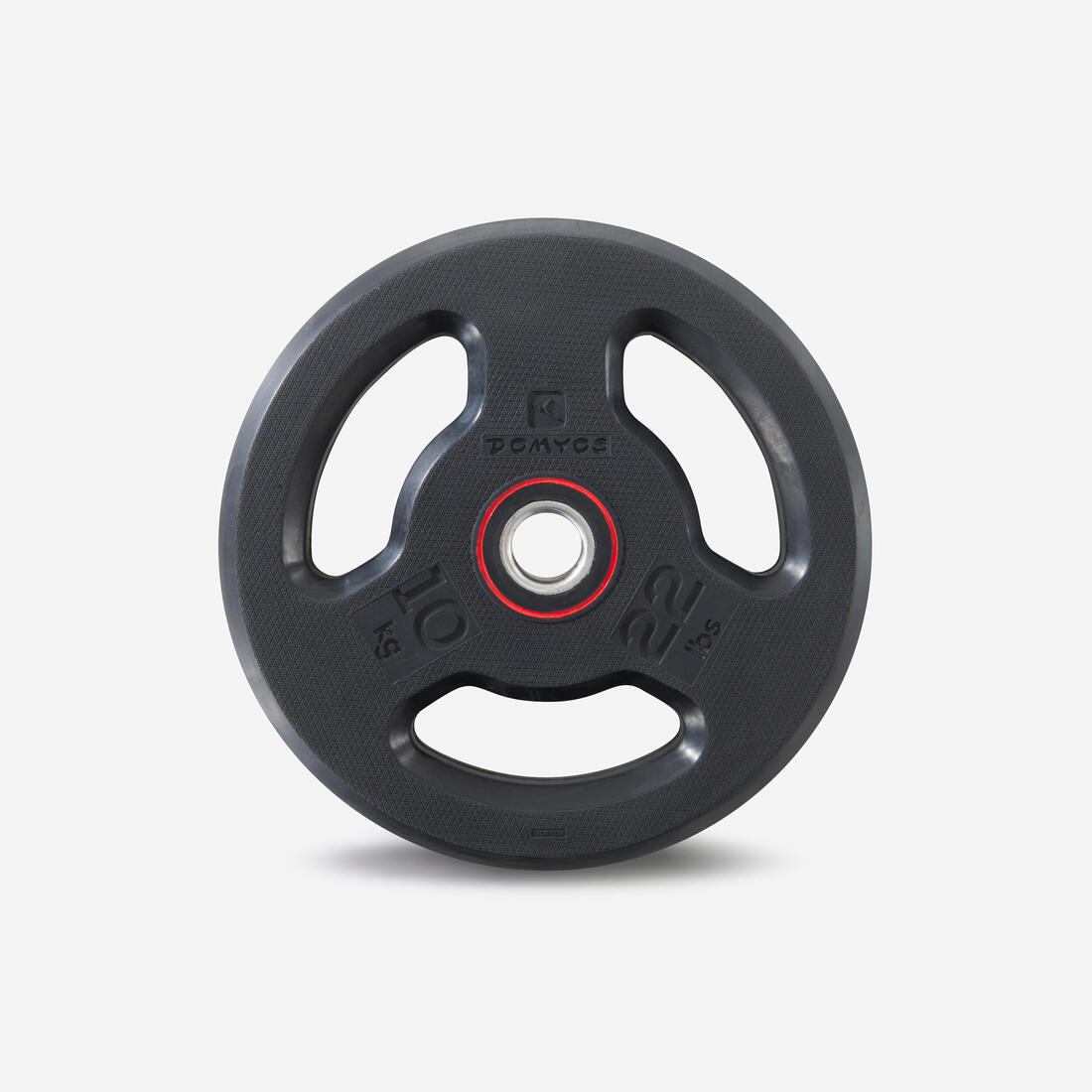 Disque musculation caoutchouc 10kg 28mm avec poignées, fonte en partie recyclée