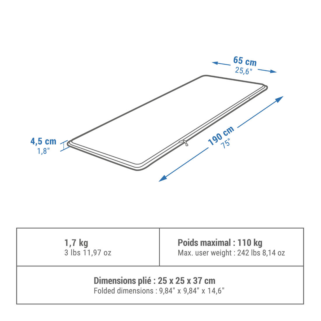 Matelas autogonflant de camping 1 personne, 190x65 cm, Comfort bleu