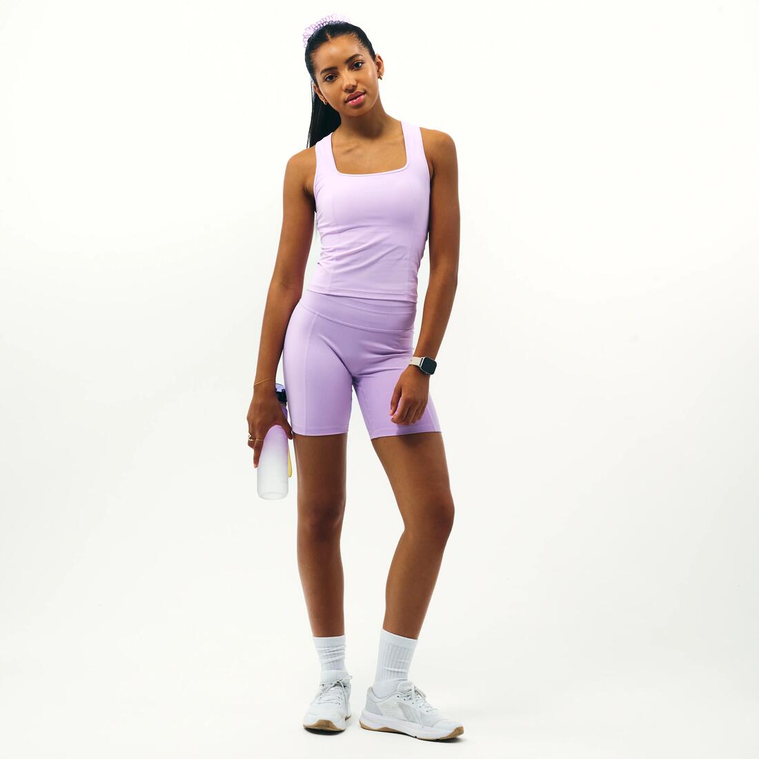 Débardeur de sport col carré extensible femme, Collection limitée Pilates