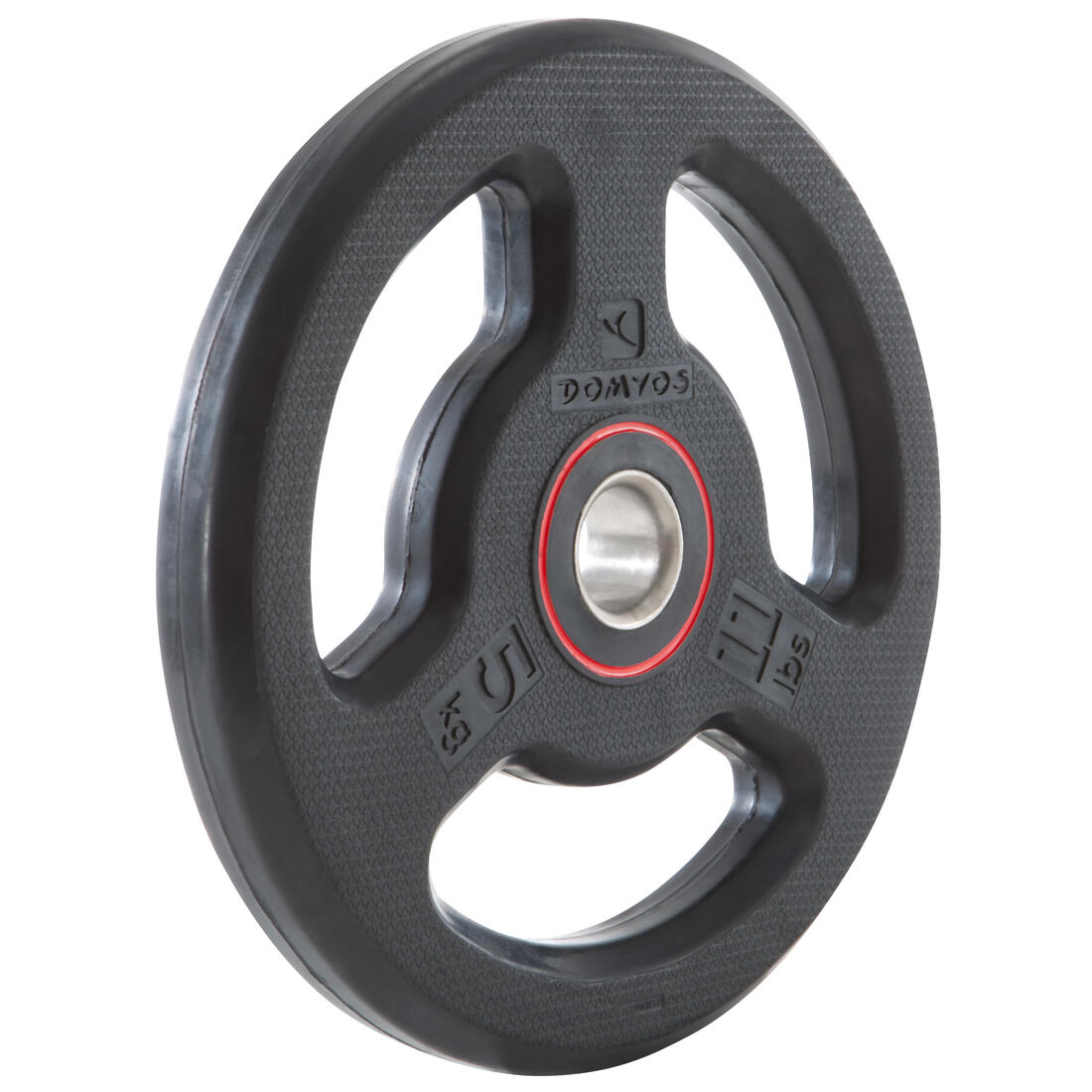 Disque musculation en caoutchouc 5kg 28mm avec poignées, fonte en partie recyclé
