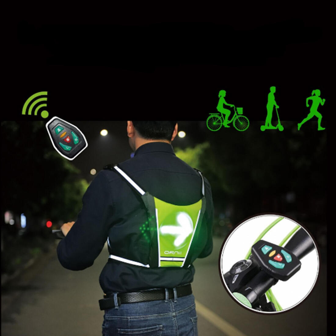 Gilet clignotant vélo noir jaune 5 signaux
