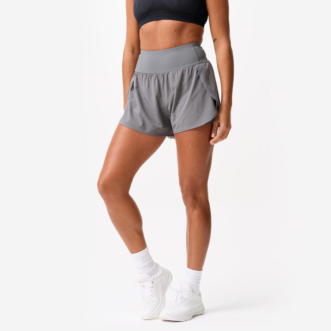 Short de sport double couche femme, gris foncé