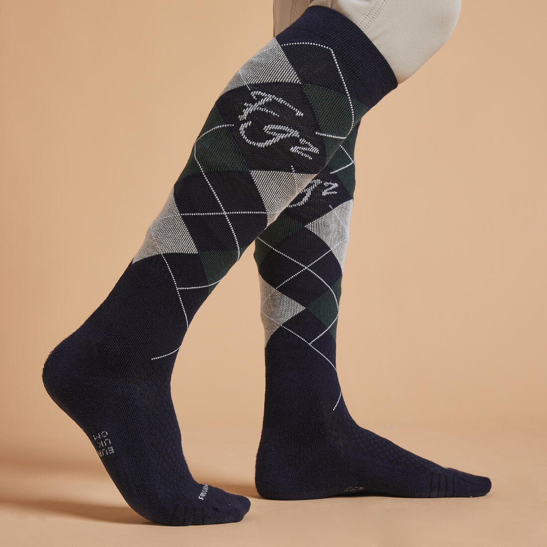 Chaussettes d'équitation 500 adulte losanges noir, gris et rose. lot de 2