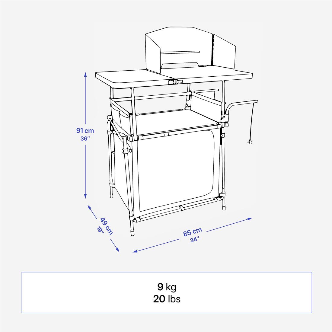 Meuble cuisine de camping L, pliable et avec pare-vent