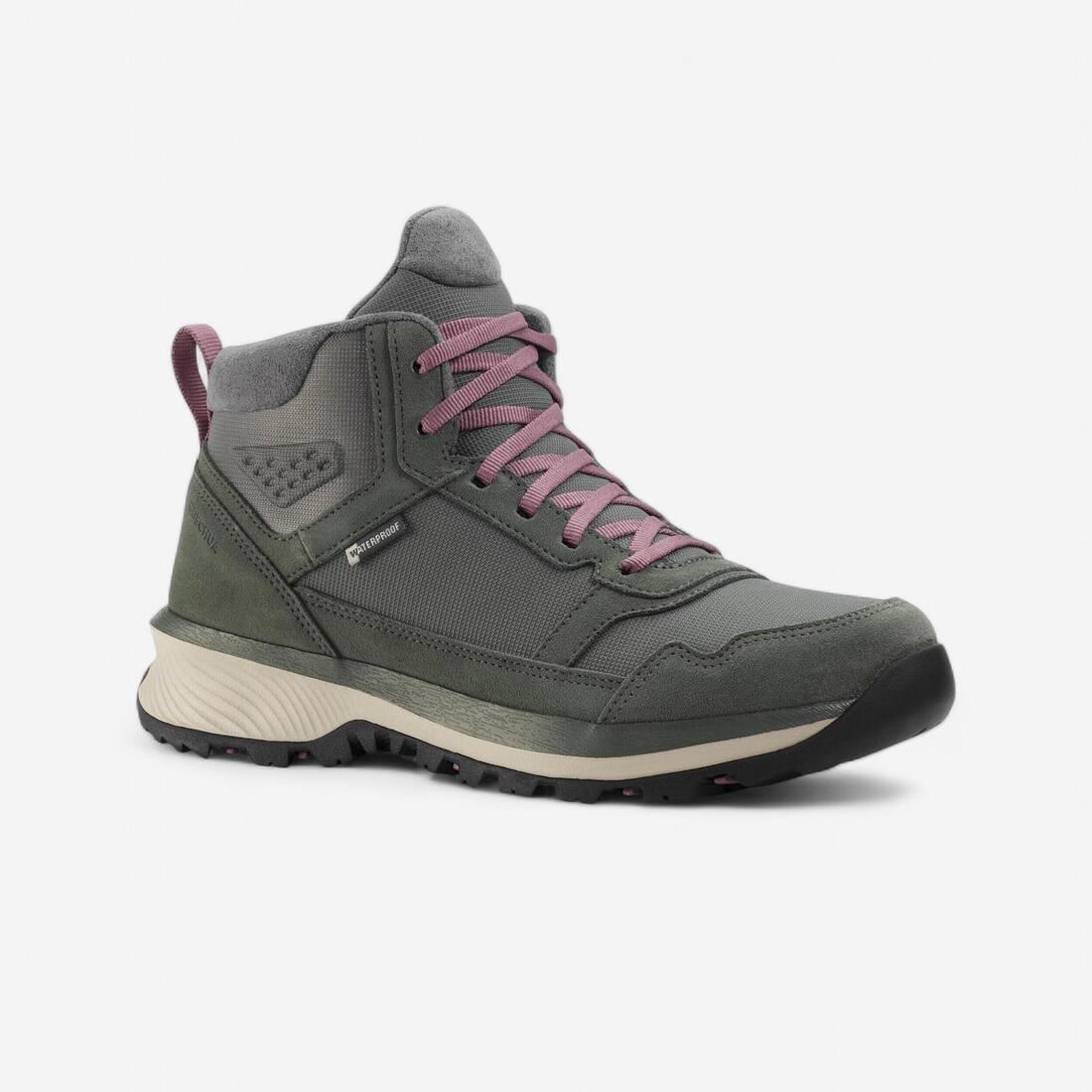 Chaussure de randonnée - NH500 Mid Cuir WP - Femme – gris kaki