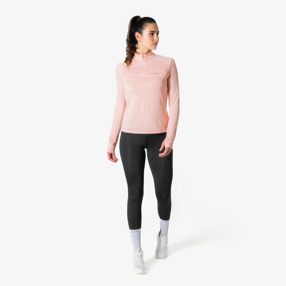 T-Shirt manches longues de running 1/2 zip Femme, Kiprun Run Core