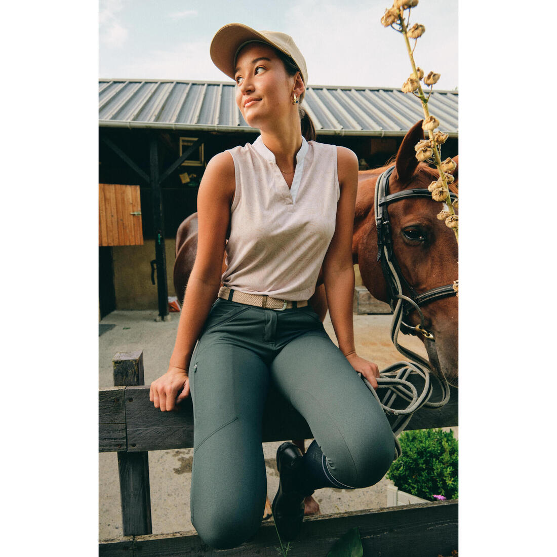 Débardeur équitation femme 500 MESH beige print