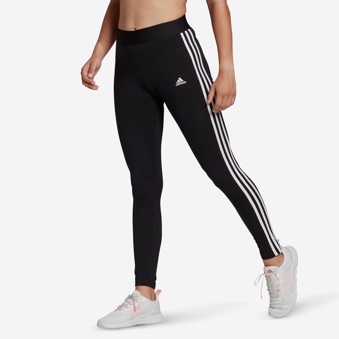Legging fitness long coton majoritaire taille haute femme - 3 bandes noir blanc – noir