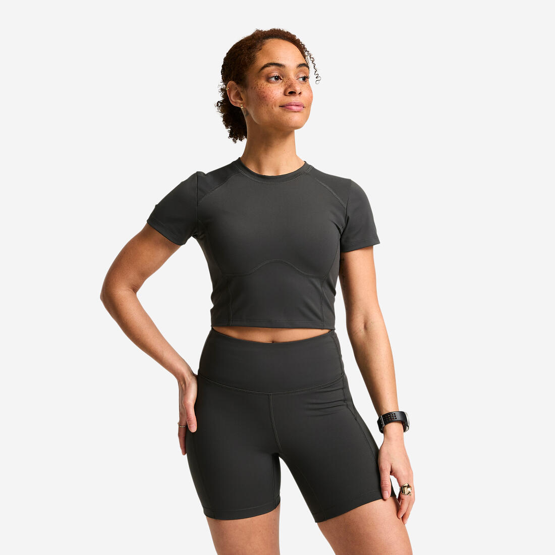 Short de sport taille haute mi-cuisses femme, Shape gris foncé
