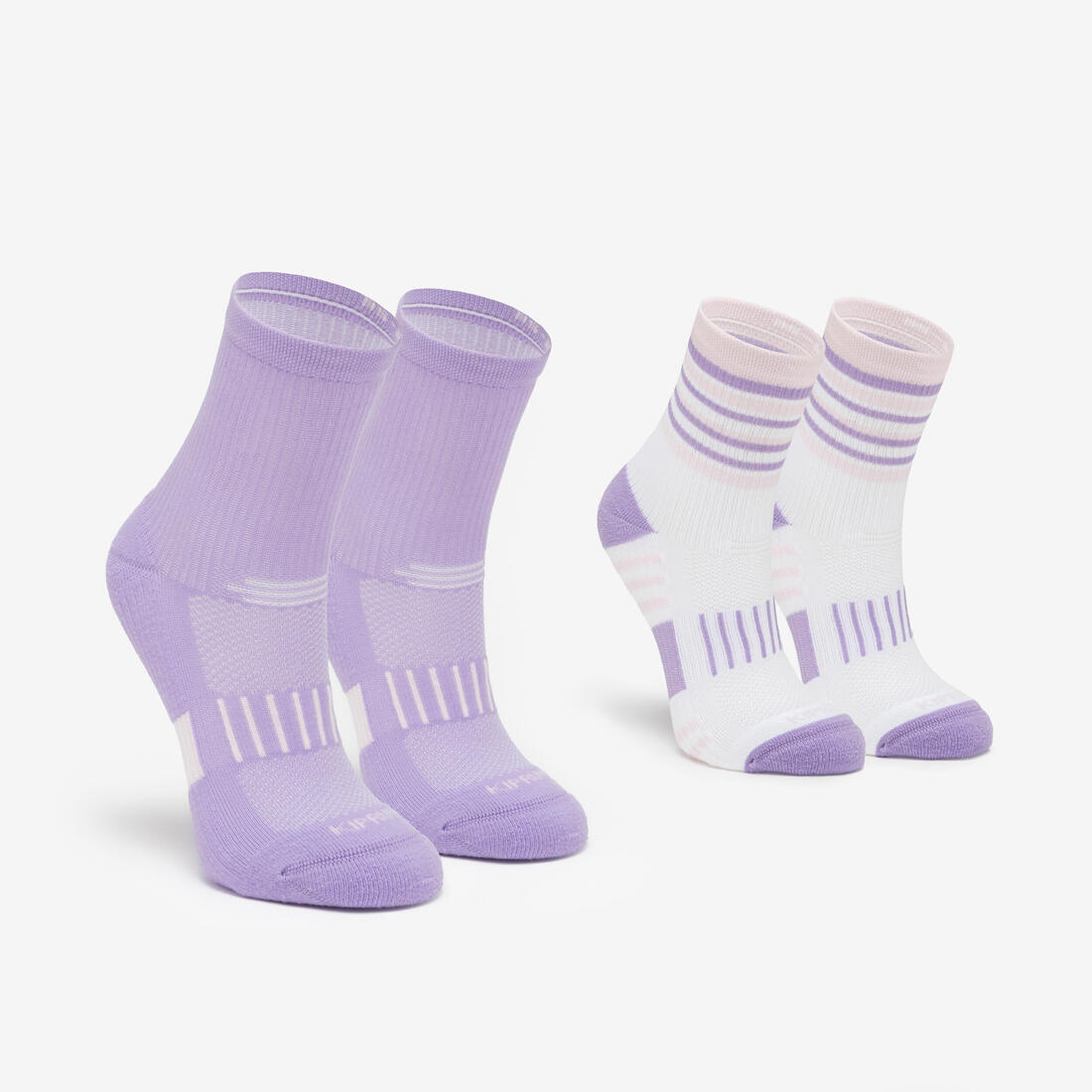 Lotx2 de chaussettes running confort enfant - kiprun 500 mid mauve et rayé