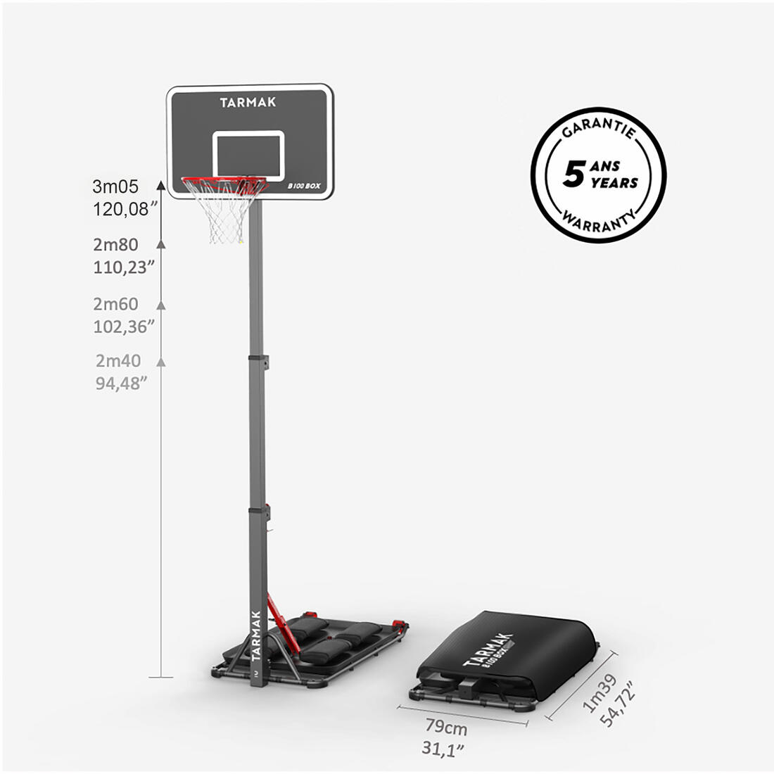 Panier de basket sur pied pliable, hauteur réglable de 2,40 à 3,05 m, B100 Box