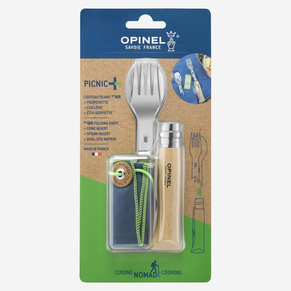 Set Picnic Plus Opinel avec couteau N°8, fourchette, cuillère, étui serviette