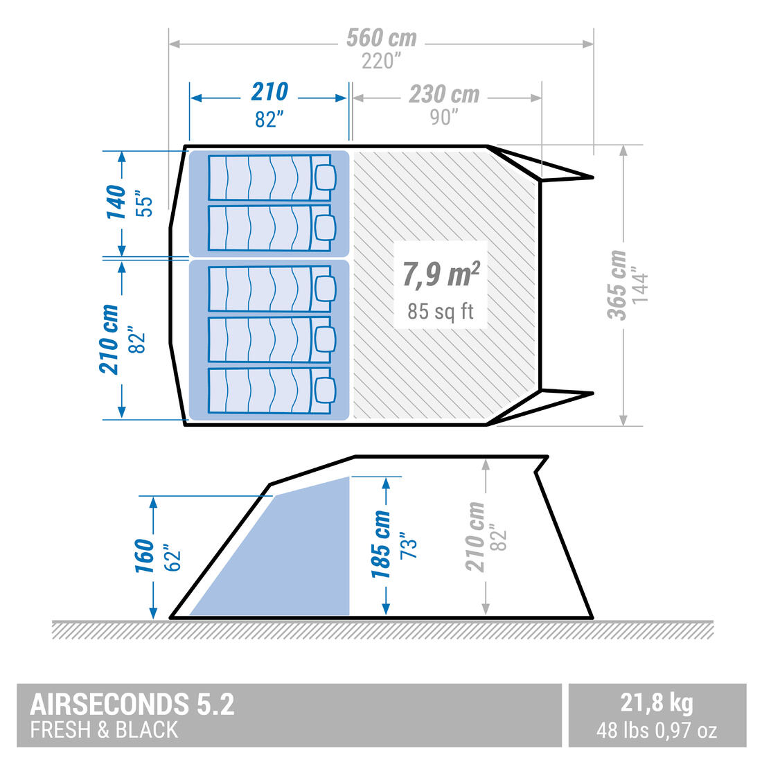 Tente de camping gonflable 5 places 2 chambres, Fresh & Black, Air Seconds 5.2