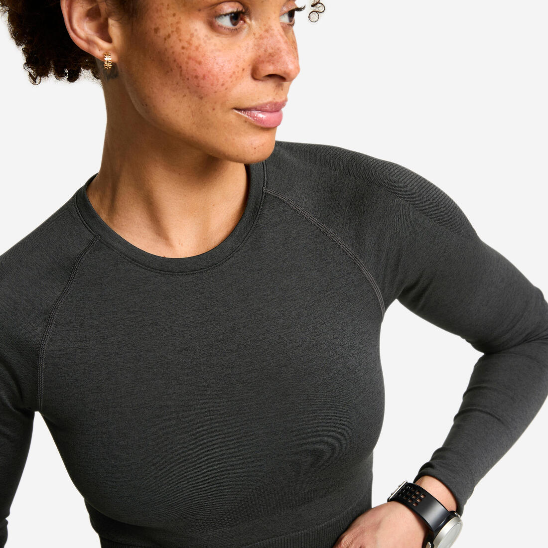 Crop top manches longues de musculation femme, gris et noir
