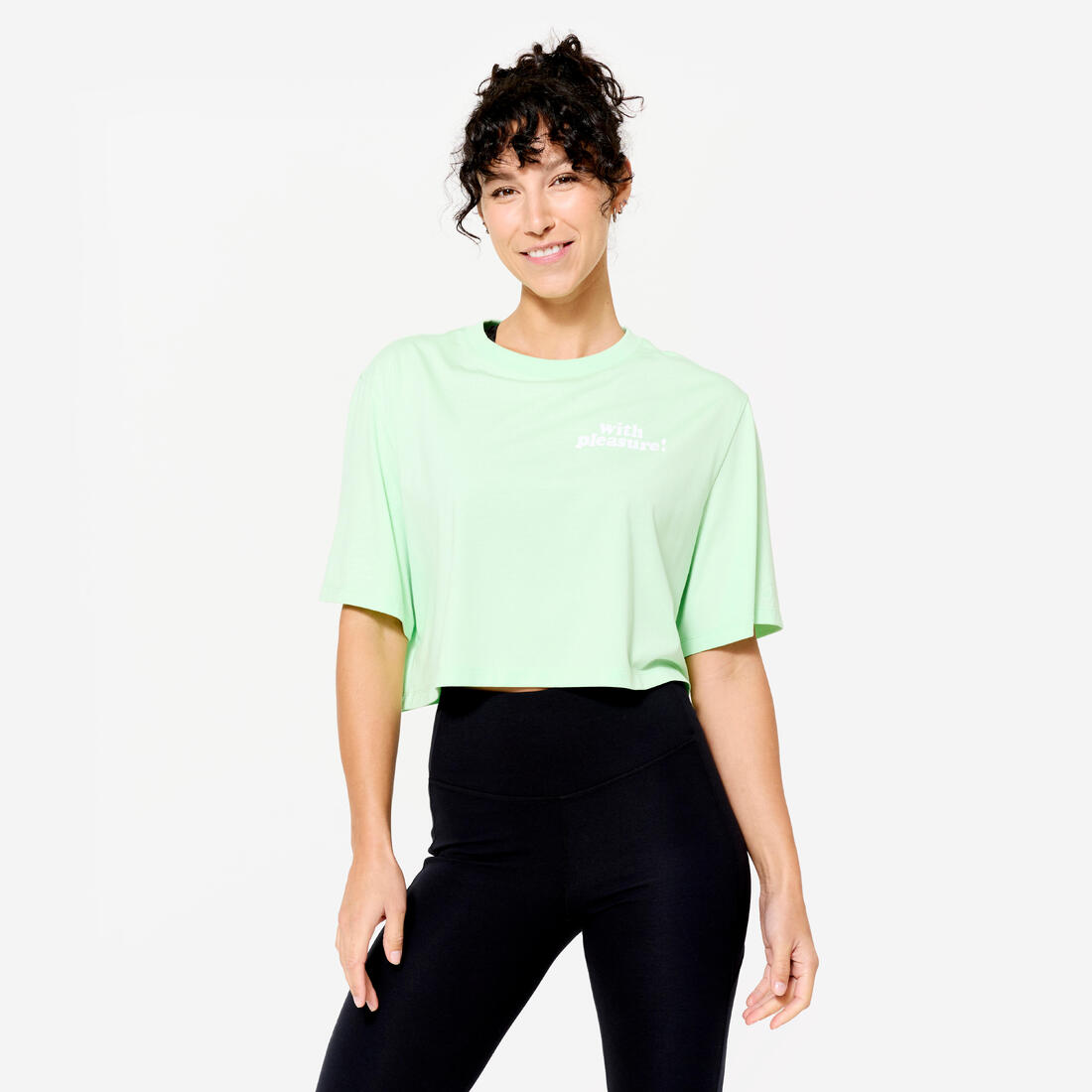 T-shirt crop top femme - blanc imprimé Jump – vert sorbet