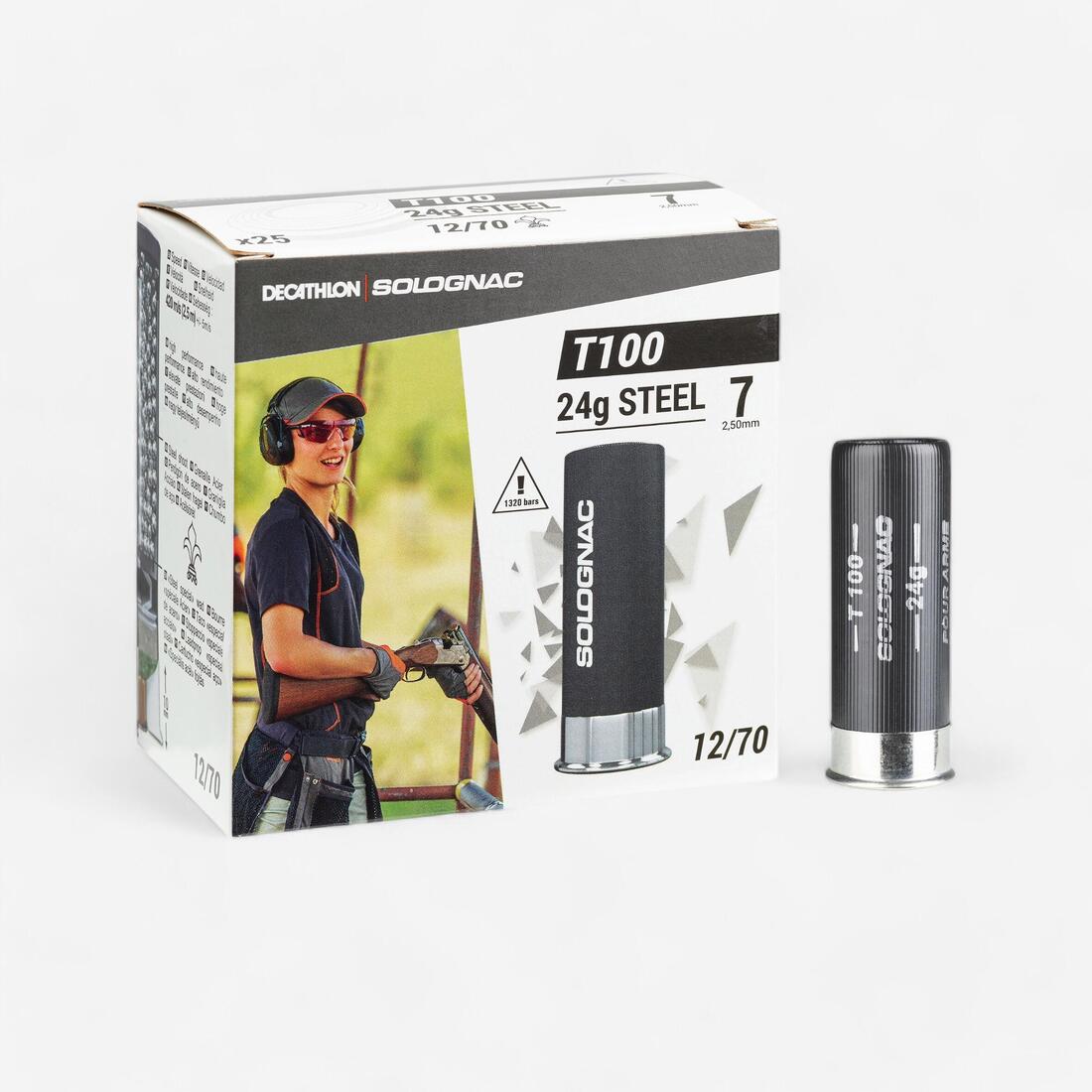 CARTOUCHE BALL-TRAP T100 24G STEEL (ACIER) CAL 12/70 PLOMB N°7 X25 SOLOGNAC