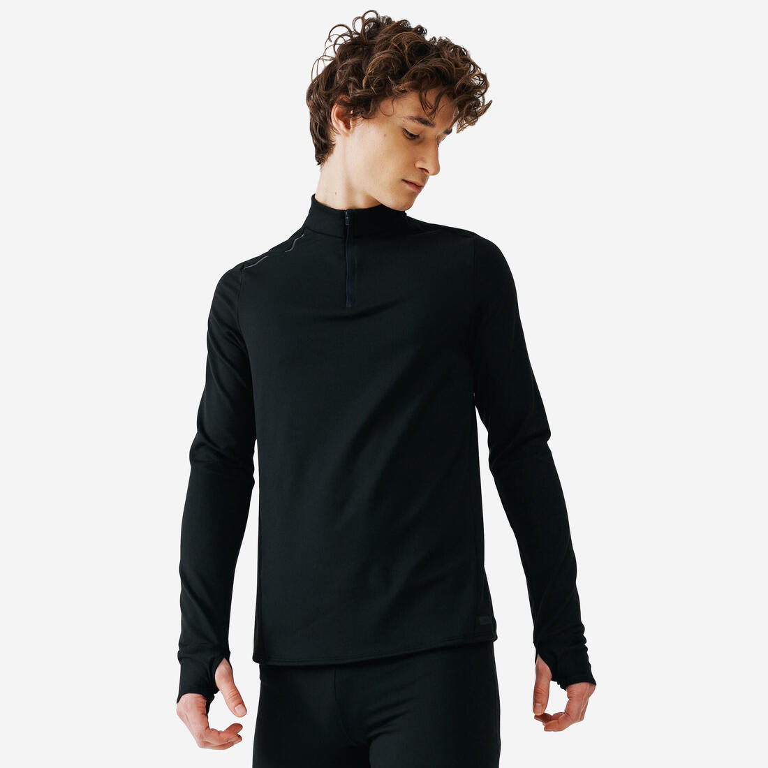 T-shirt zip chaud manches longues de running homme - kiprun run 100 warm – noir