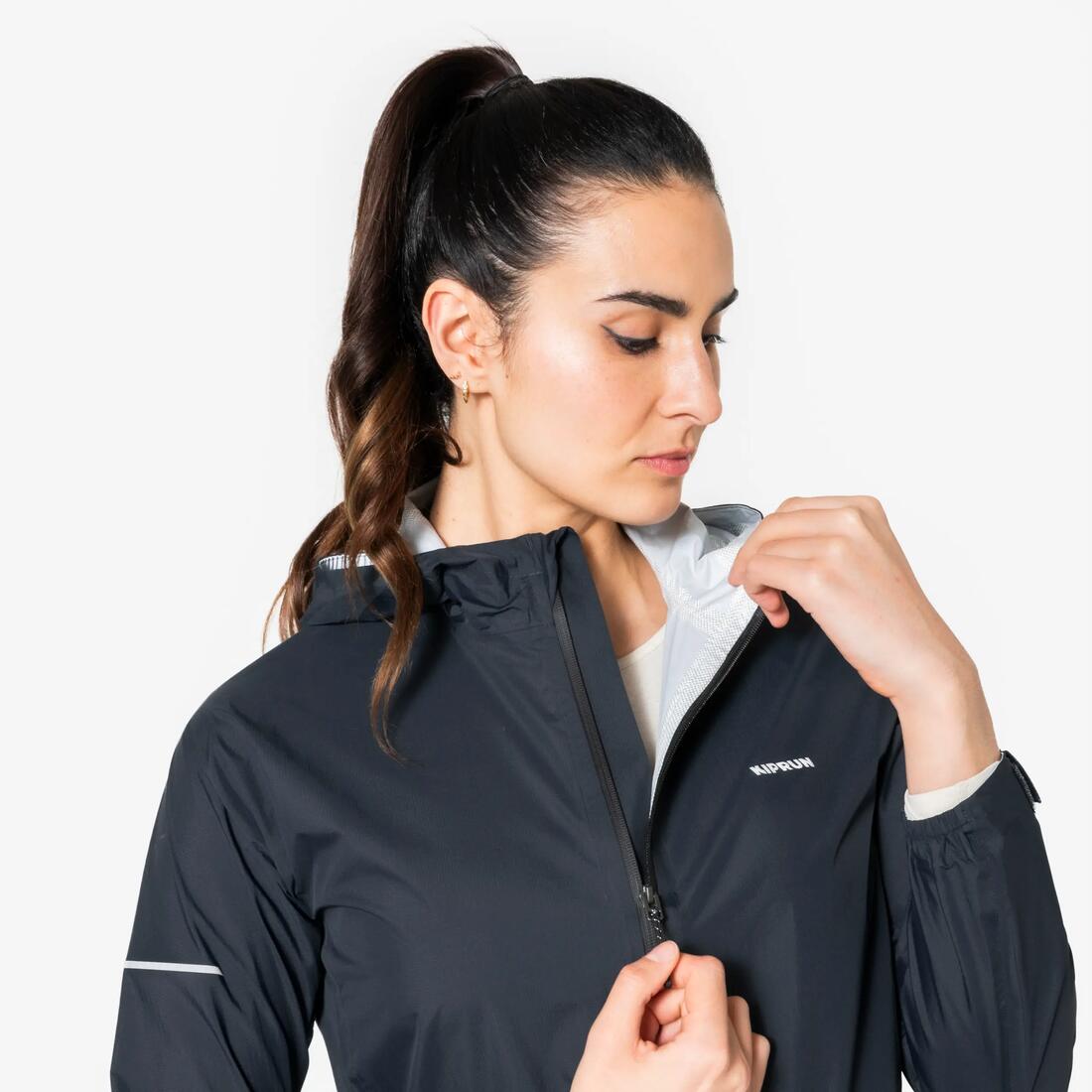 Veste running imperméable Femme, Kiprun Run Rain 900 gris foncé