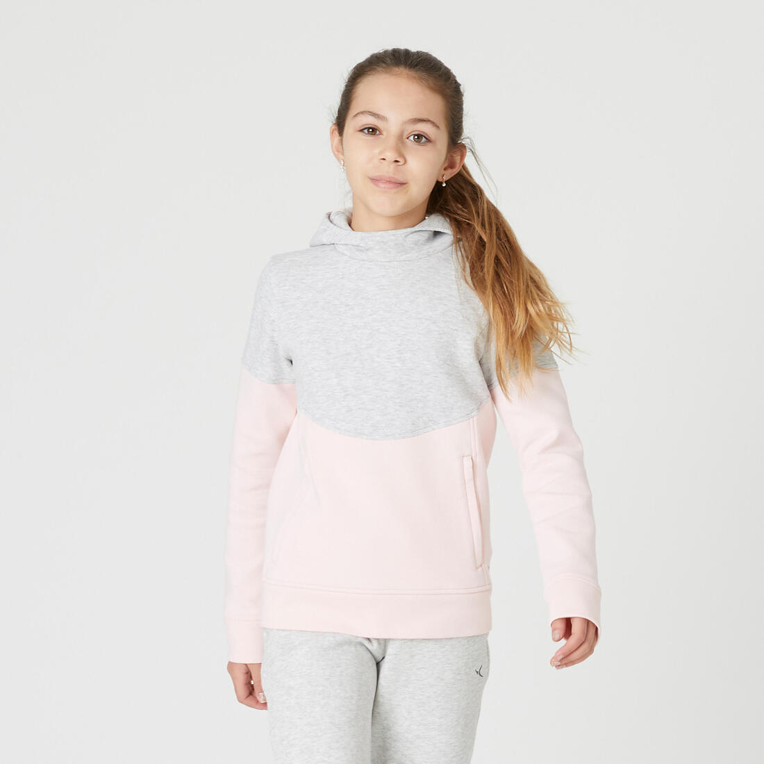 Sweat à capuche enfant coton respirant - 500 gris chiné clair et noir – rose perle