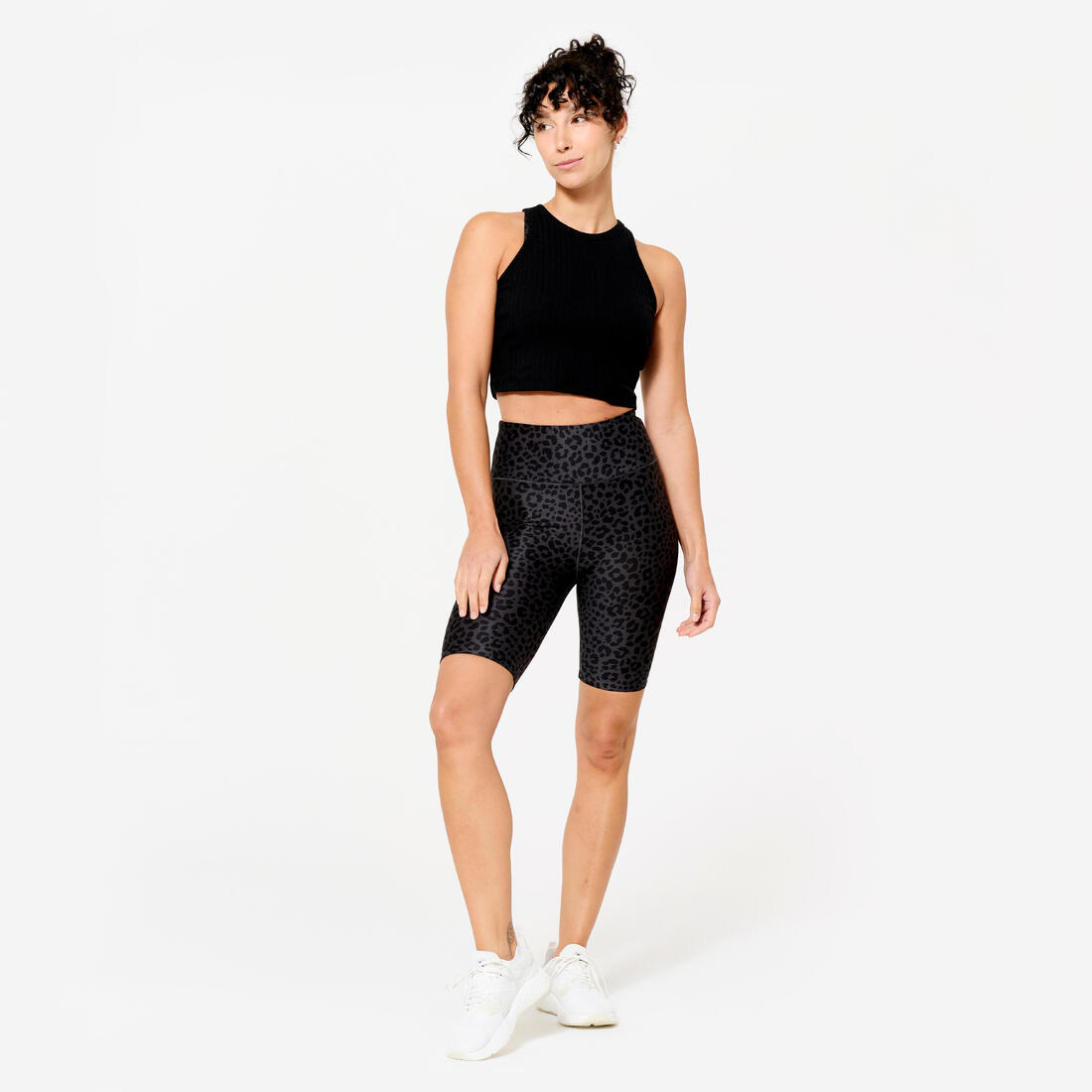 Cycliste de fitness extensible femme, gris foncé imprimé léopard