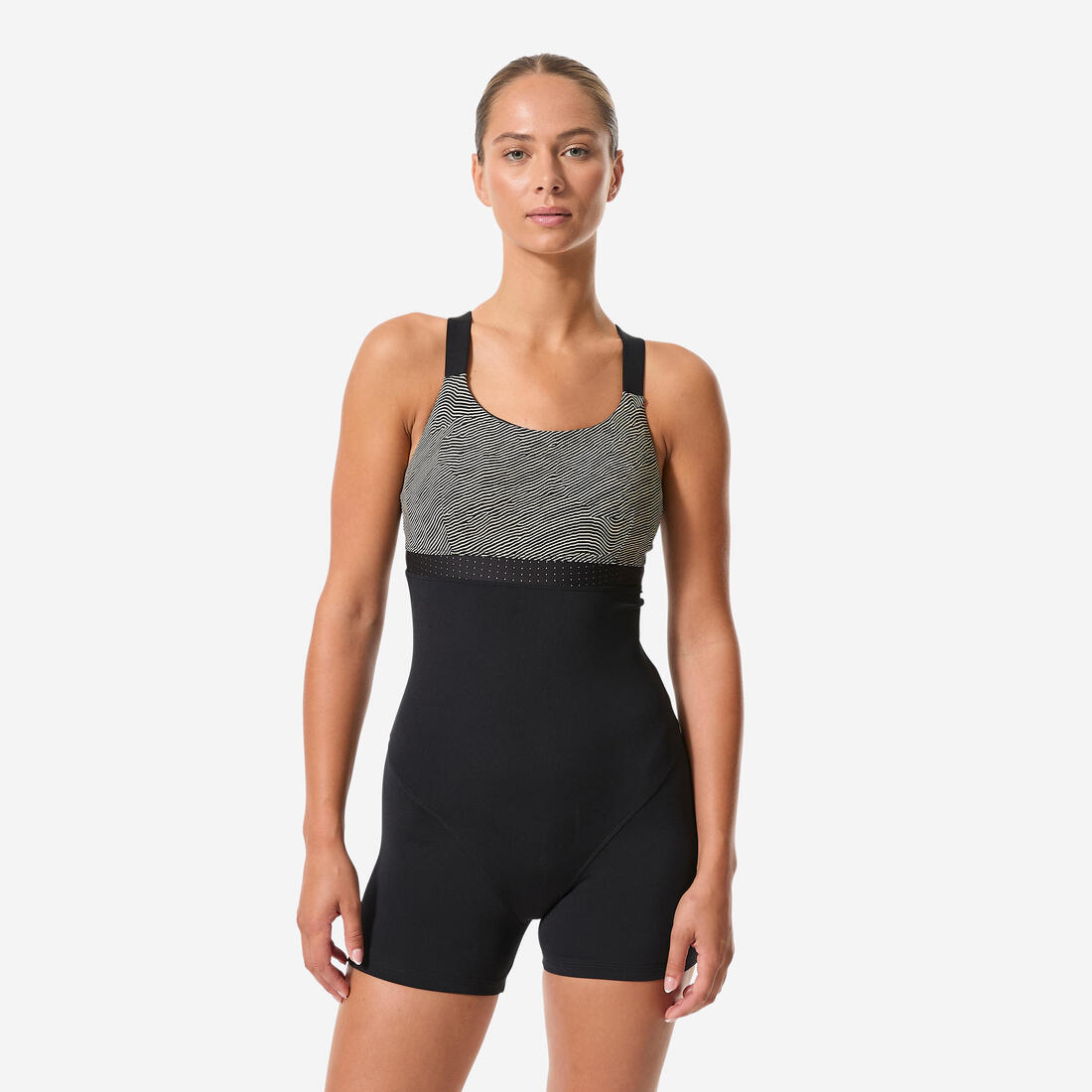 Maillot de bain 1 pièce aquagym aquabike shorty femme, Elea sono noir beige