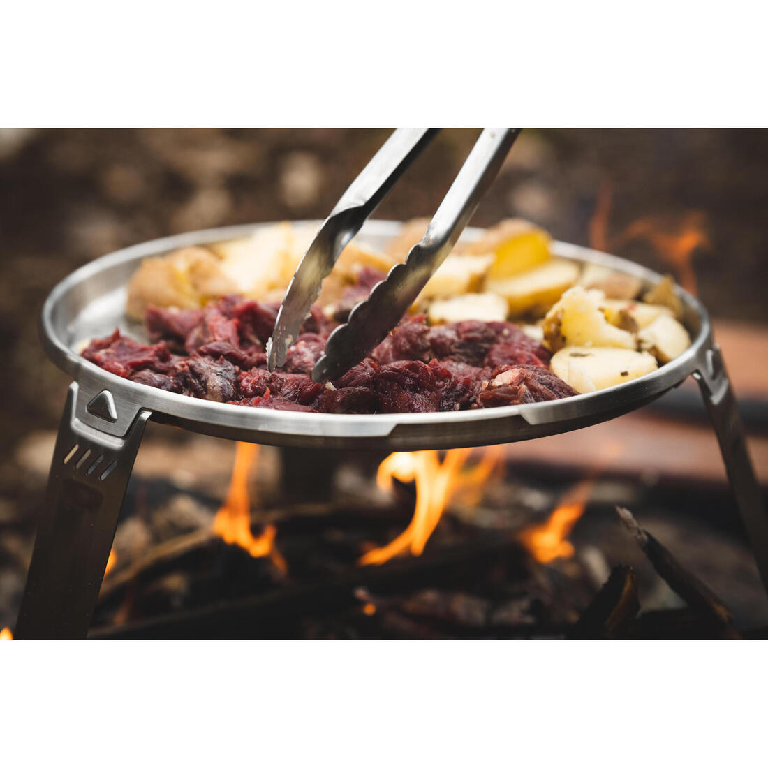 Plancha Poele cuisson sur feu trépied 30 cm Bushcraft acier inoxydable