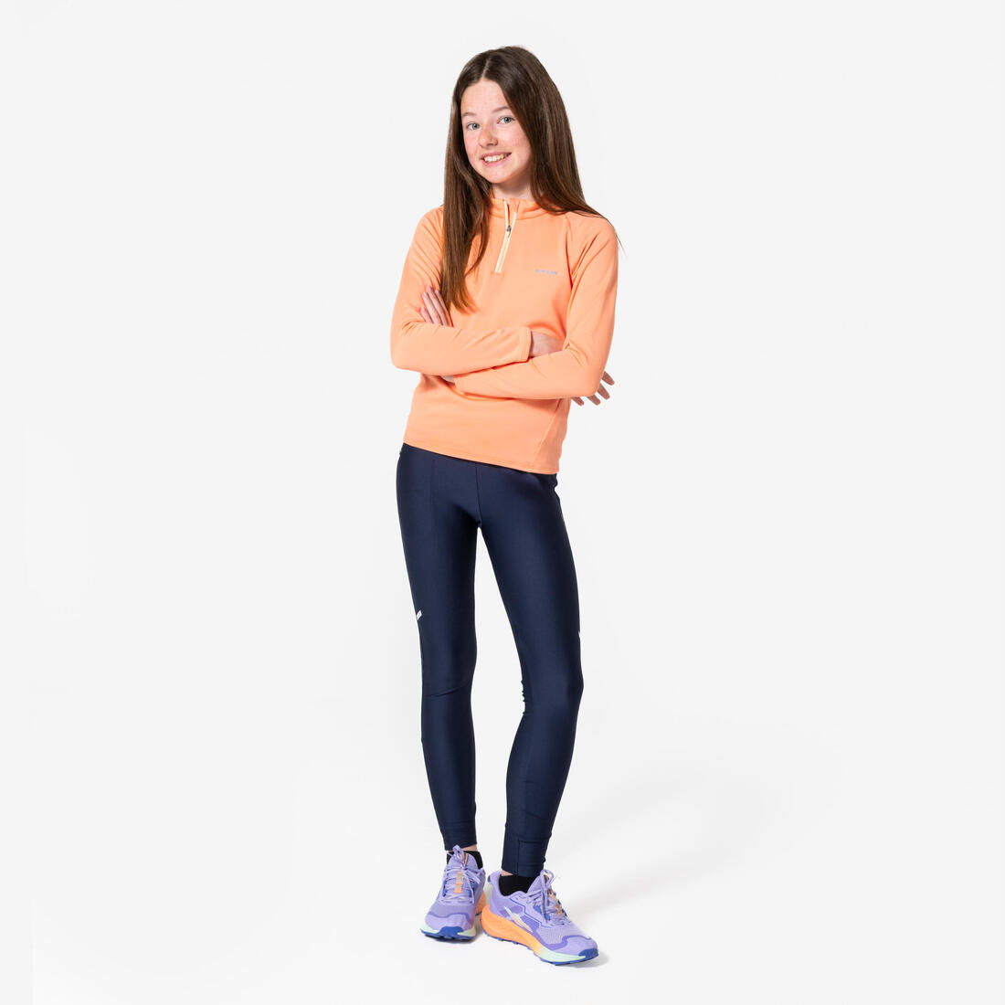 Maillot manches longues chaud 1/2 zip enfant d'athlétisme AT 100 corail fluo