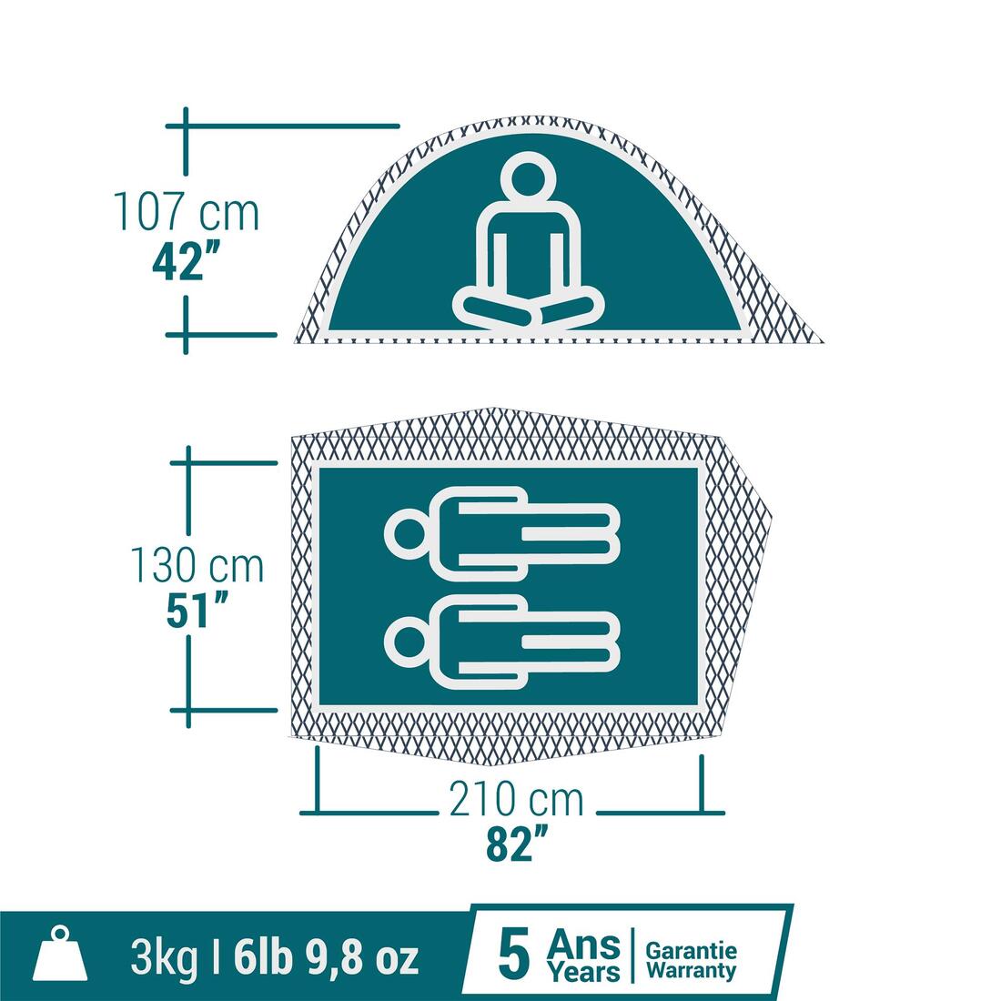 Tente de camping 2 places, MH100 Fresh & Black