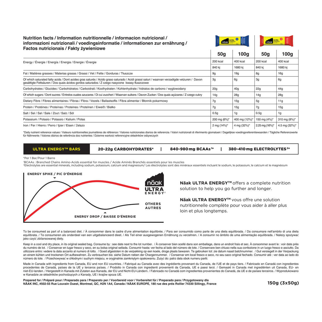 Barres énergétiques chocolat cacahuètes et baies noix, Ultra Energy™ 3 x 50g