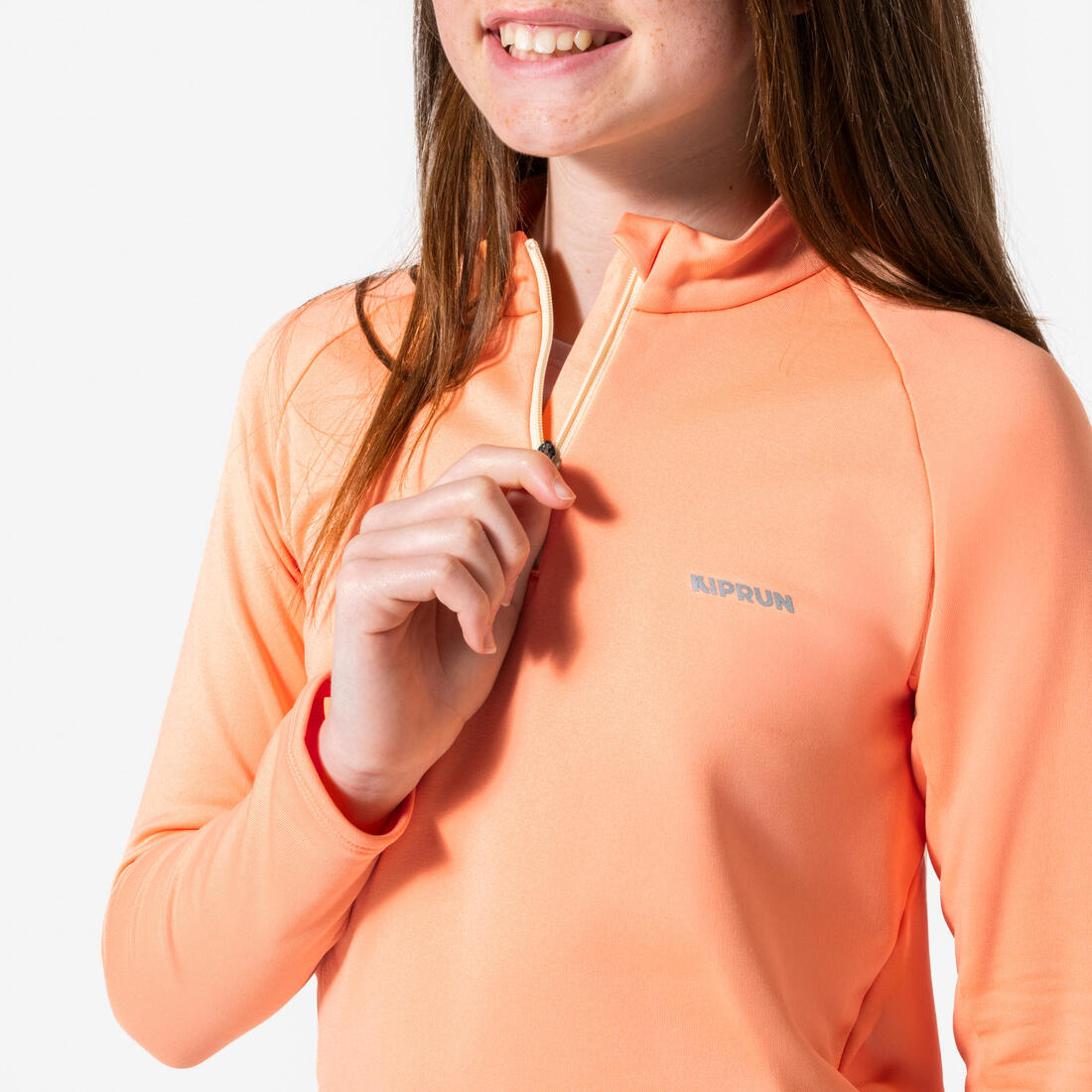 Maillot manches longues chaud 1/2 zip enfant d'athlétisme AT 100 corail fluo