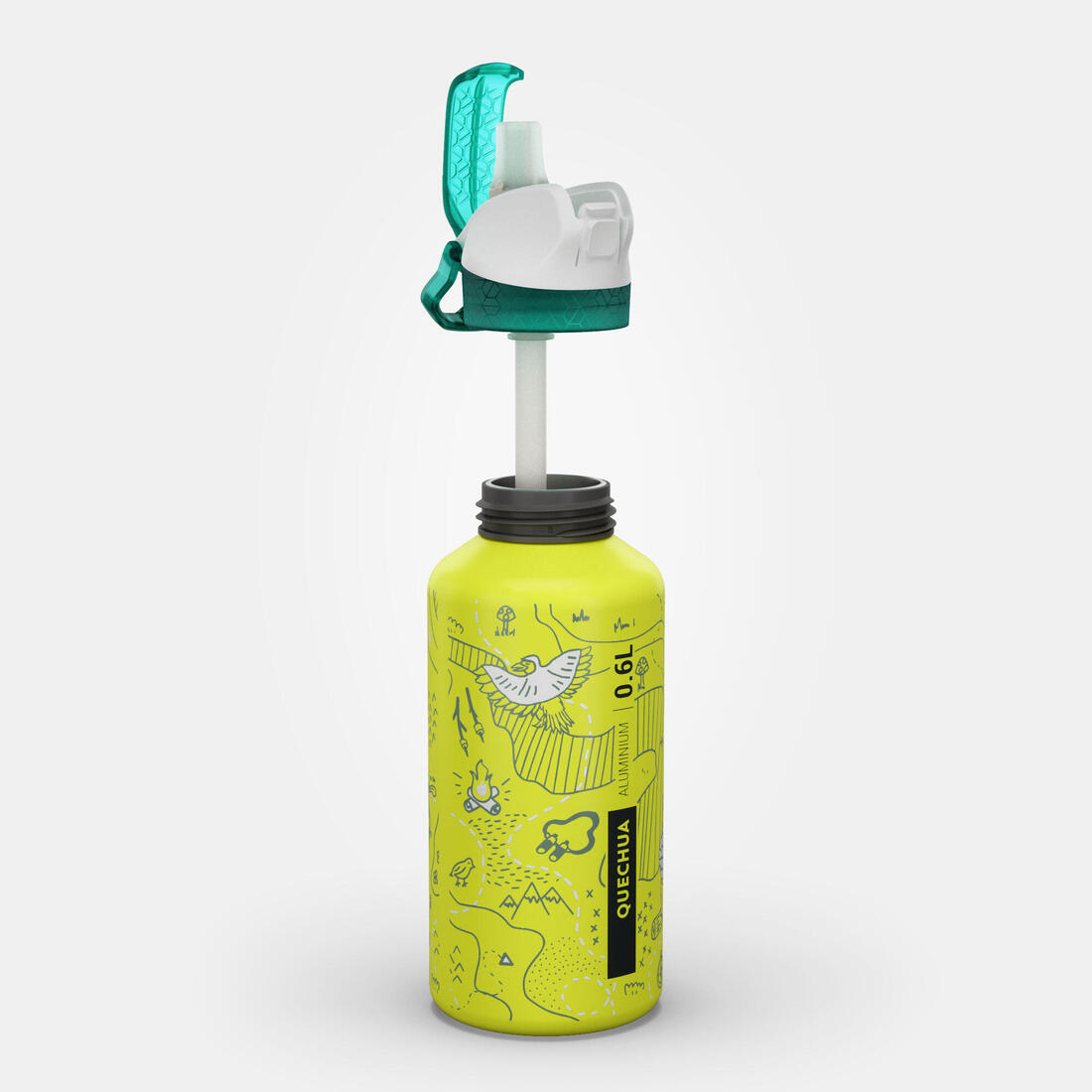 Gourde alu enfant 0,6L, bouchon instantané, pipette et paille, en alu recyclé