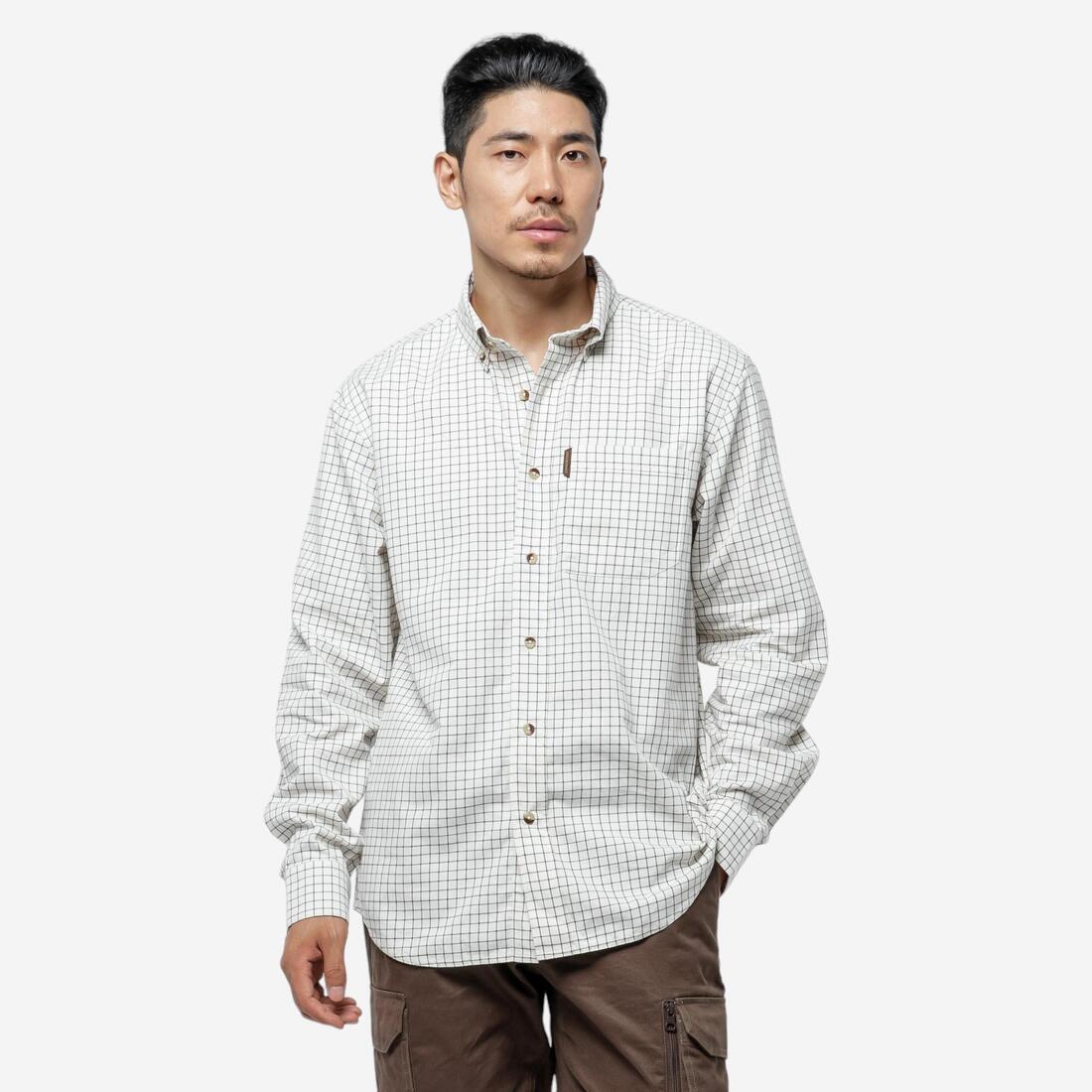 Chemise chasse coton manches longues respirant homme - 100 à carreaux beige.