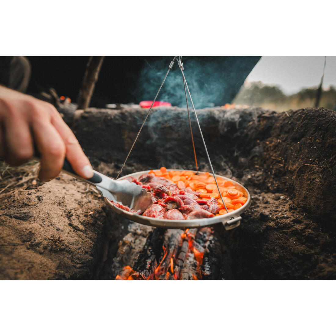 Plancha Poele cuisson sur feu trépied 30 cm Bushcraft acier inoxydable
